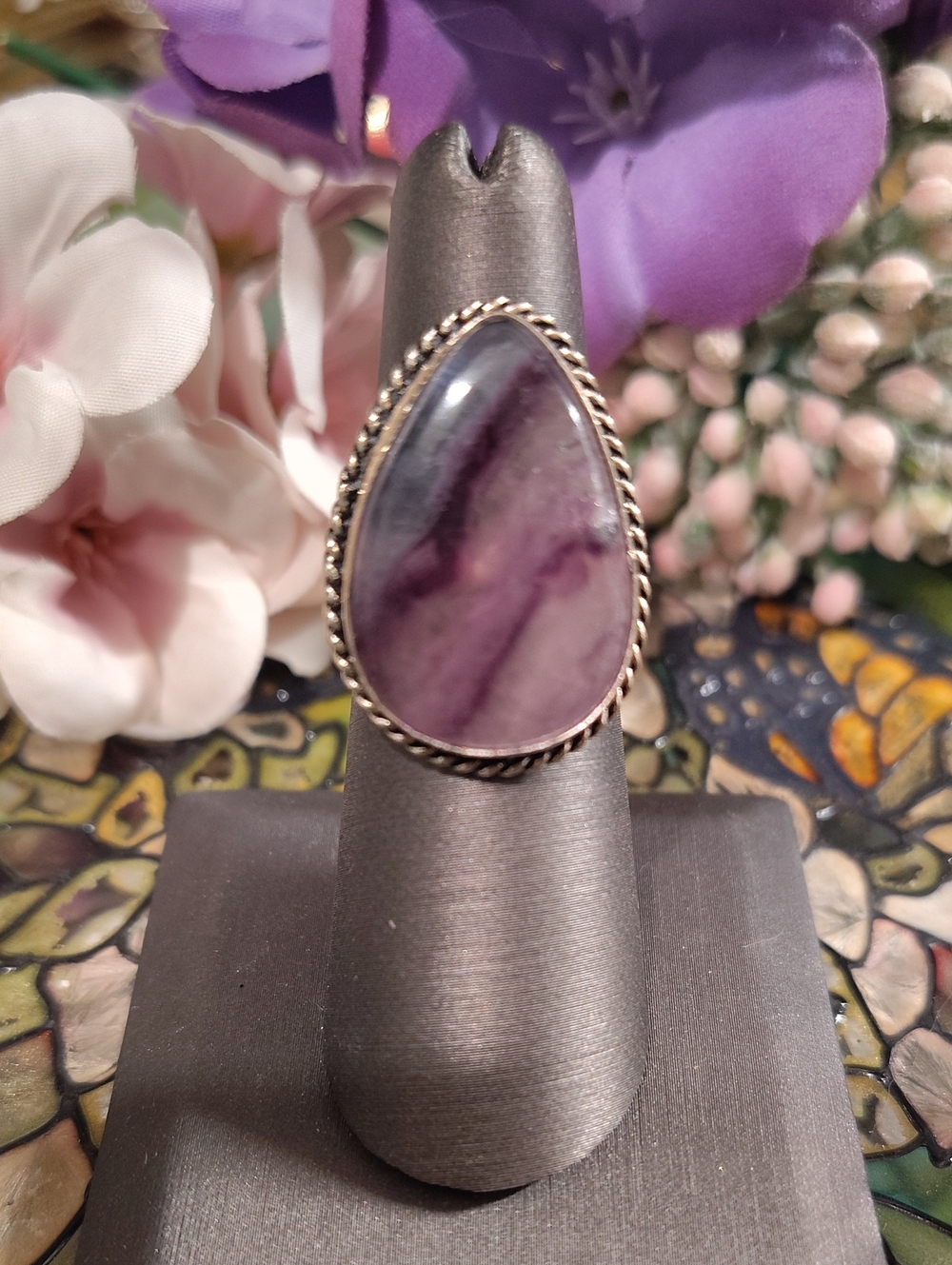 Chevron Amethyst Gemstone 925 Silver Ring - Size 6